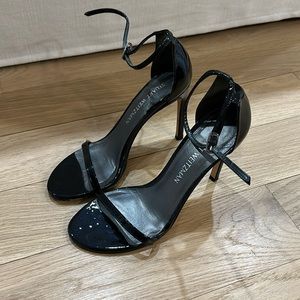 Stuart Weitzman black patent leather heeled sandals